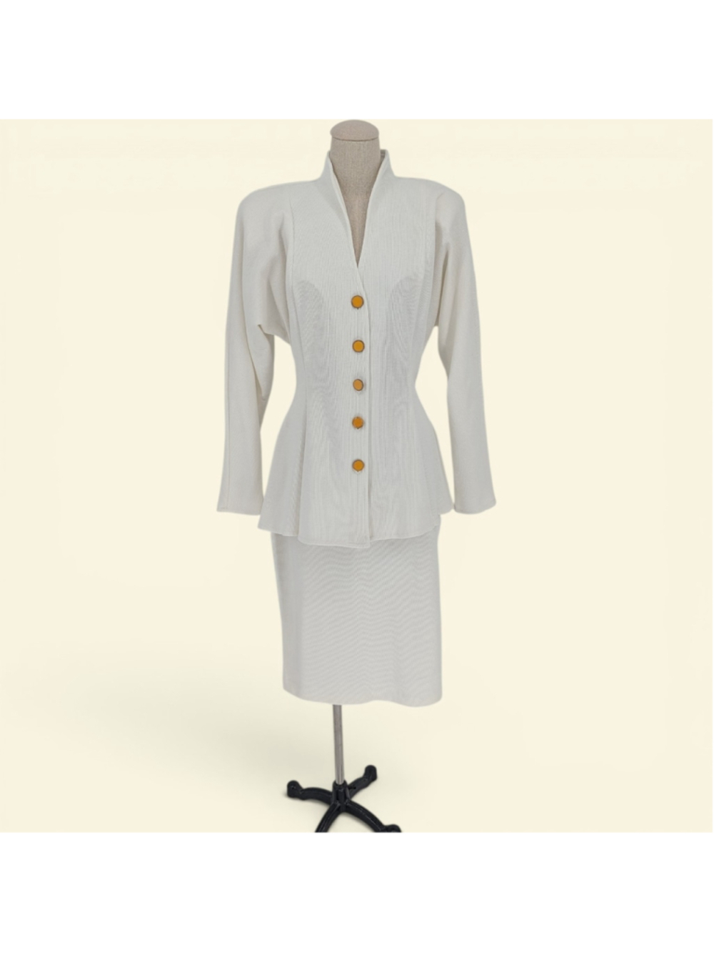 Vintage 90s All That Jazz Ivory Peplum Skirt Suit 13/14 Made USA Yellow Buttons